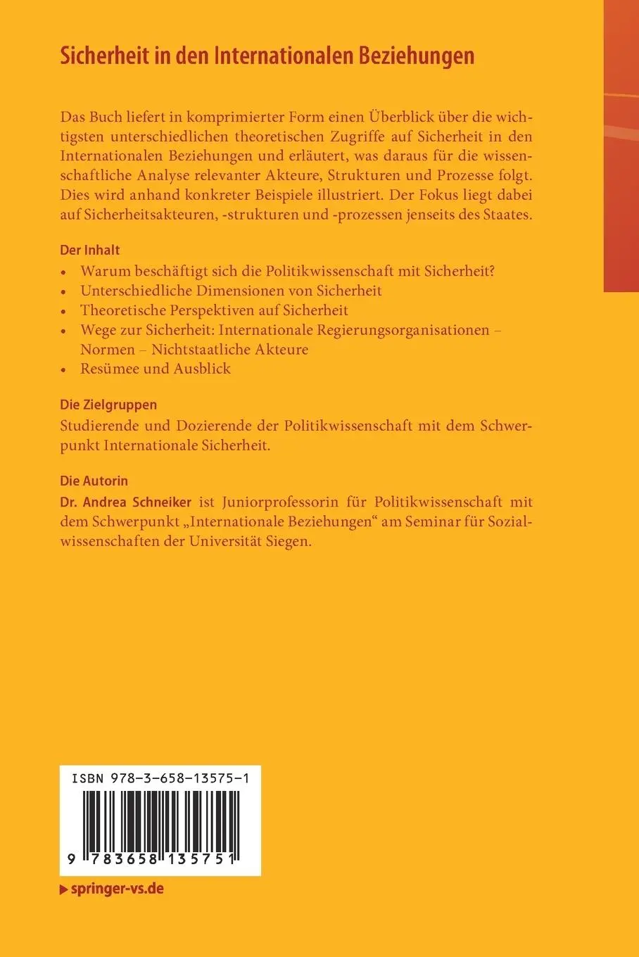 Rückseite: 9783658135751 | Sicherheit in den Internationalen Beziehungen | Andrea Schneiker