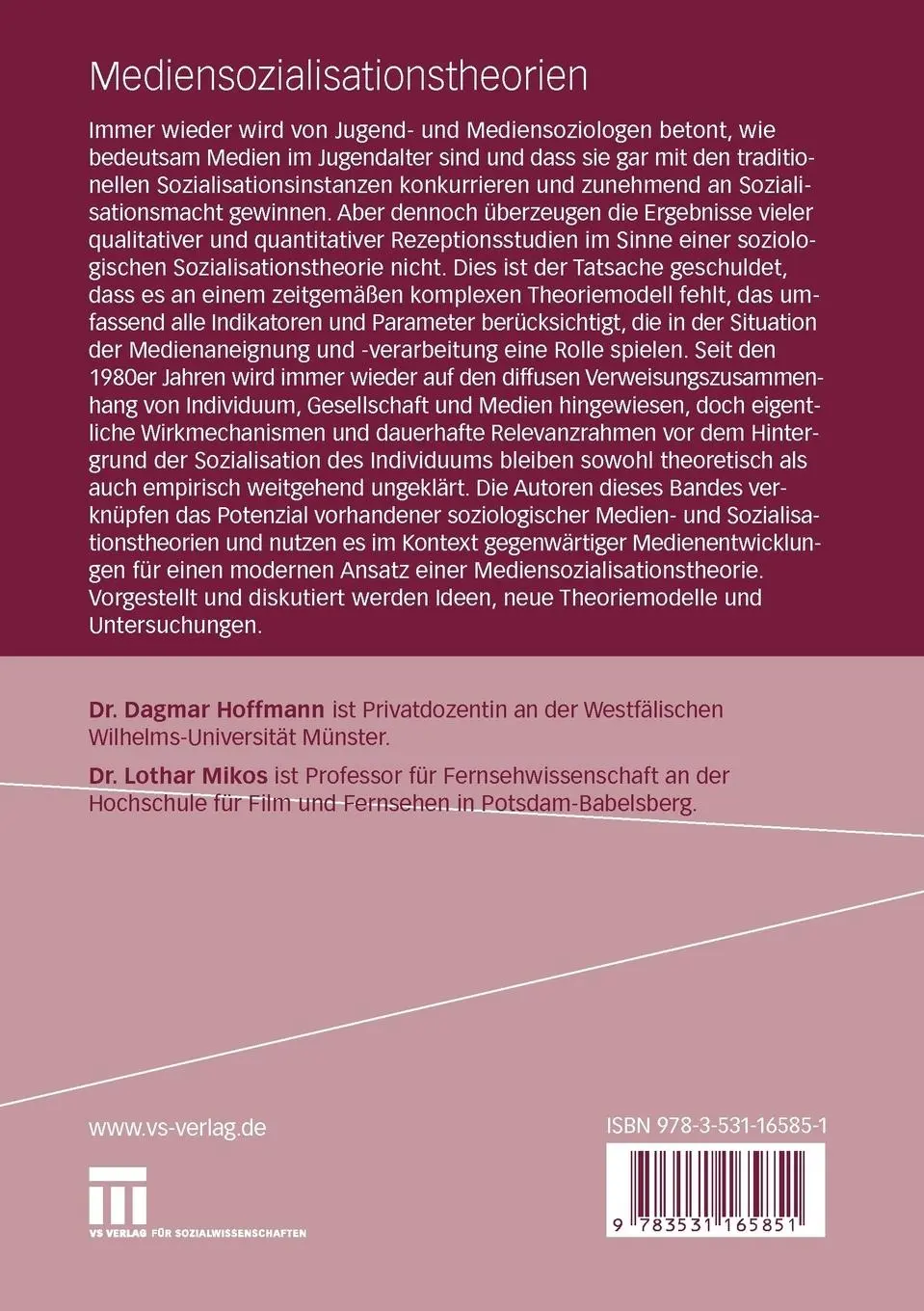 Rückseite: 9783531165851 | Mediensozialisationstheorien | Modelle und Ansätze in der Diskussion