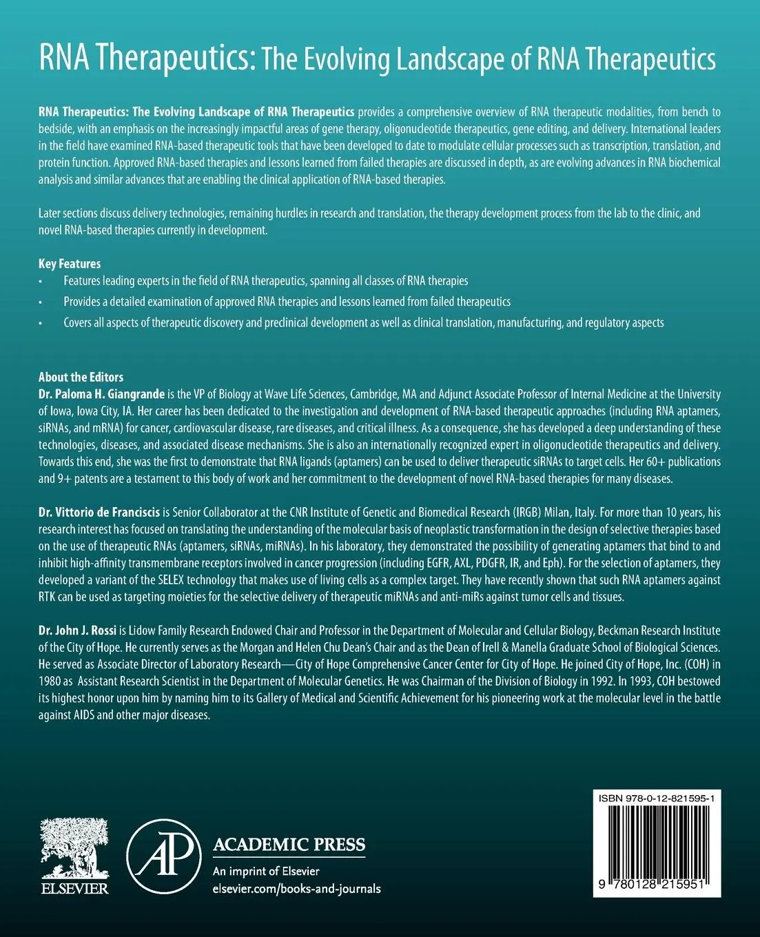 Rückseite: 9780128215951 | RNA Therapeutics | The Evolving Landscape of RNA Therapeutics | Buch