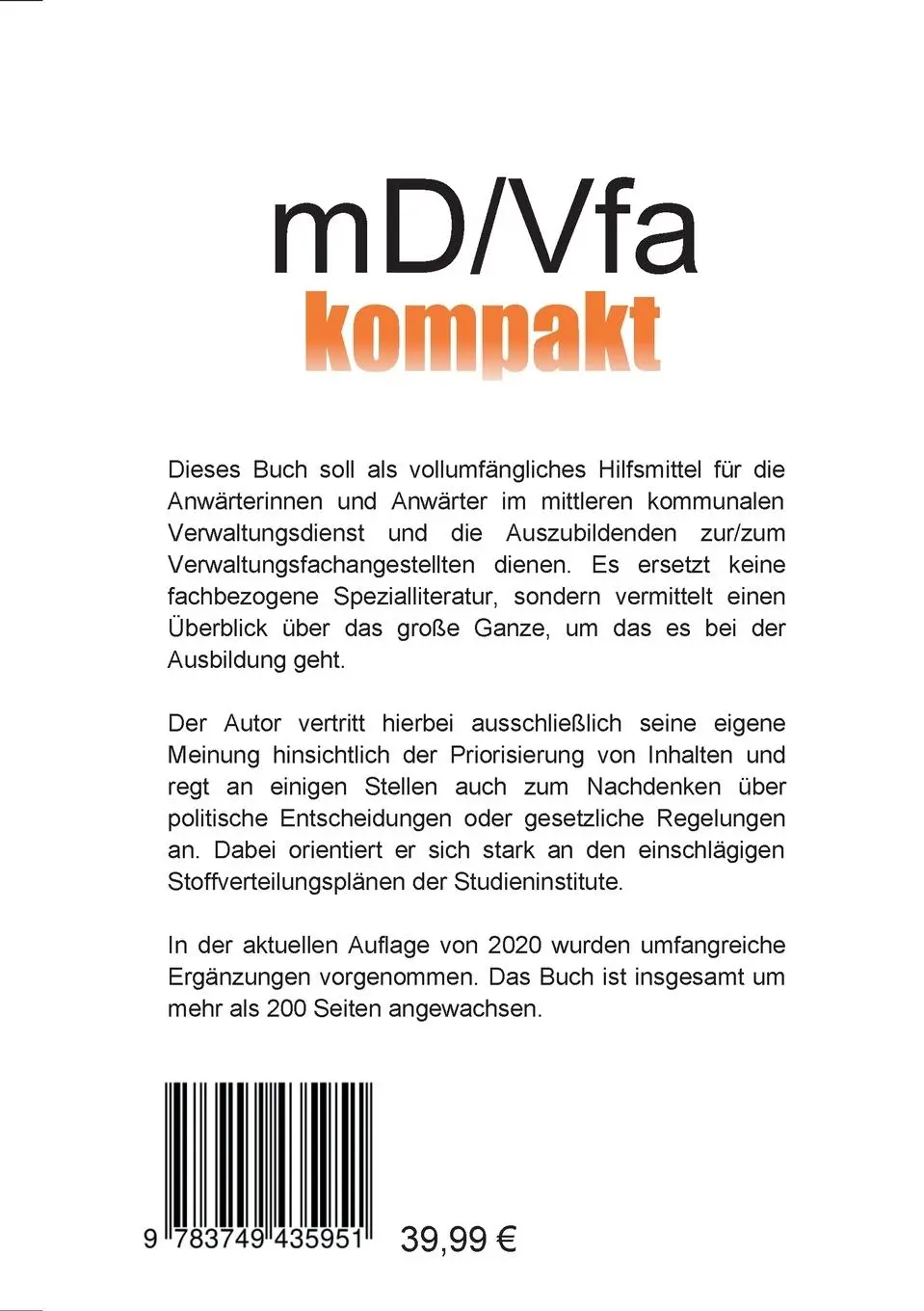 Rückseite: 9783749435951 | mD/Vfa kompakt | Volker Kunigowski | Taschenbuch | Paperback | 496 S.