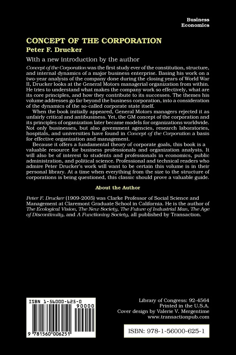 Rückseite: 9781560006251 | Concept of the Corporation | Peter Drucker | Taschenbuch | Englisch
