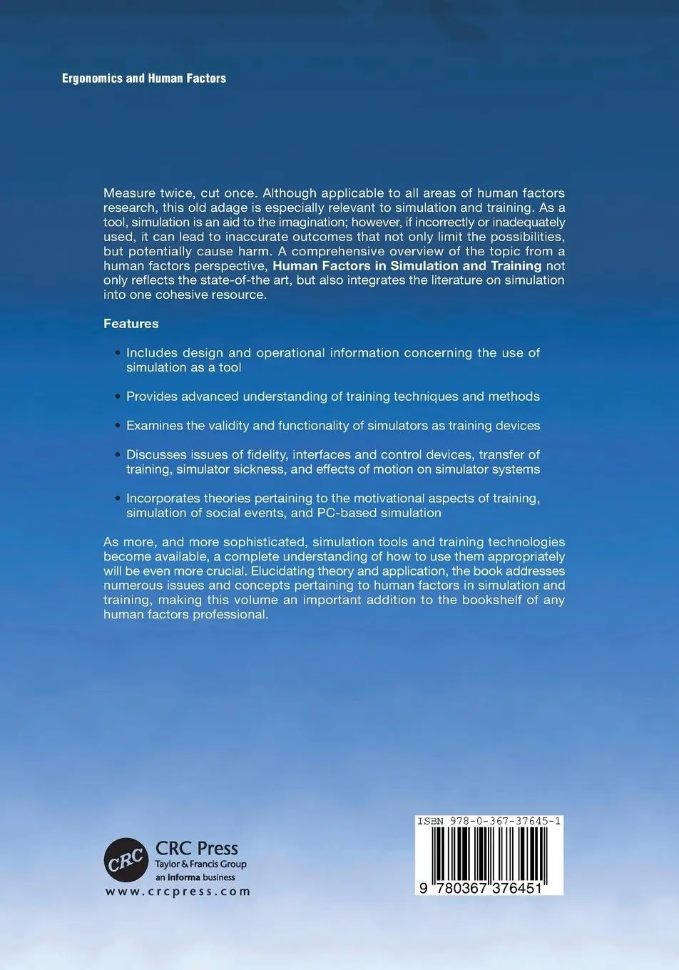 Rückseite: 9780367376451 | Human Factors in Simulation and Training | Peter A. Hancock (u. a.)