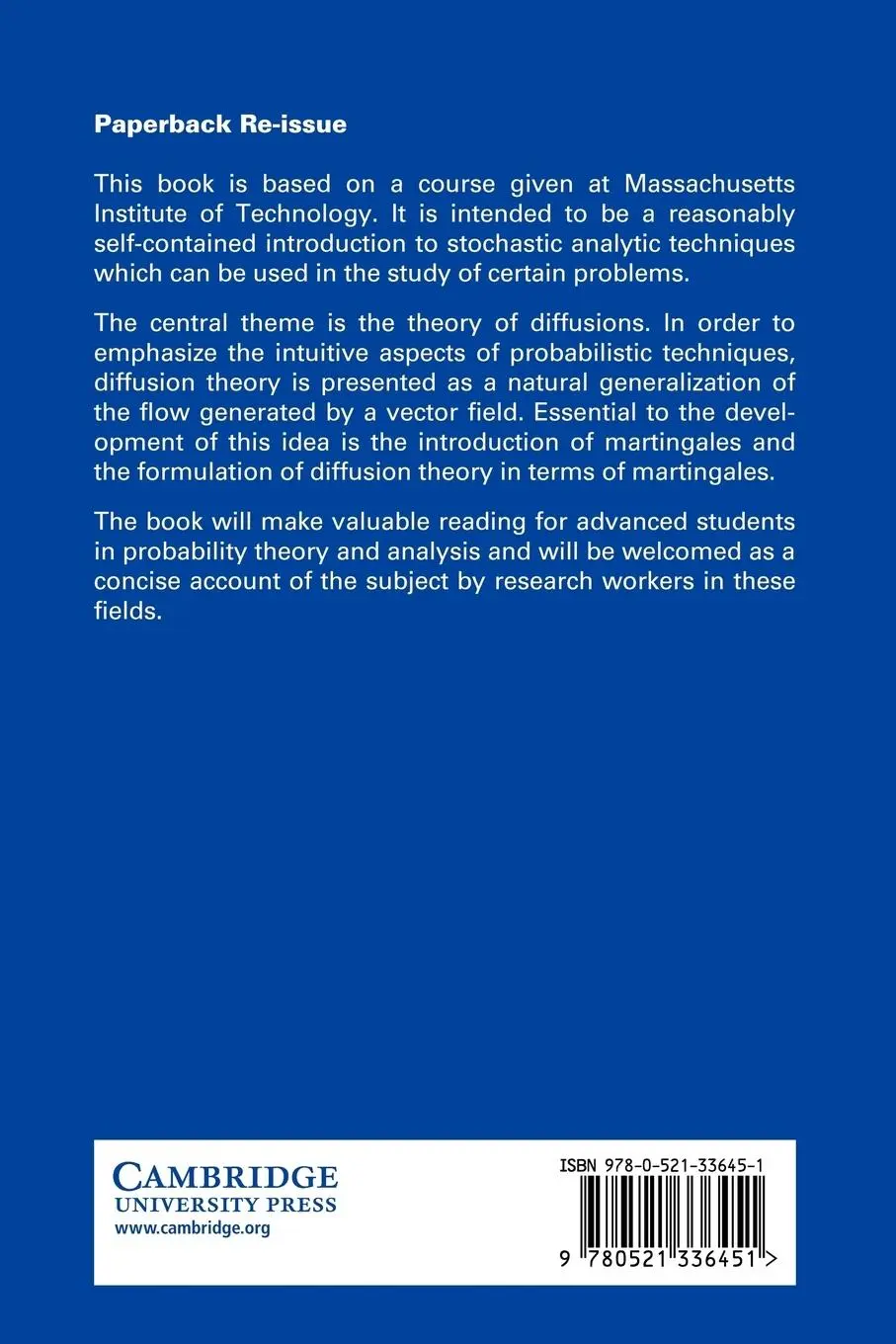 Rückseite: 9780521336451 | Lectures on Stochastic Analysis | Daniel W. Stroock | Taschenbuch