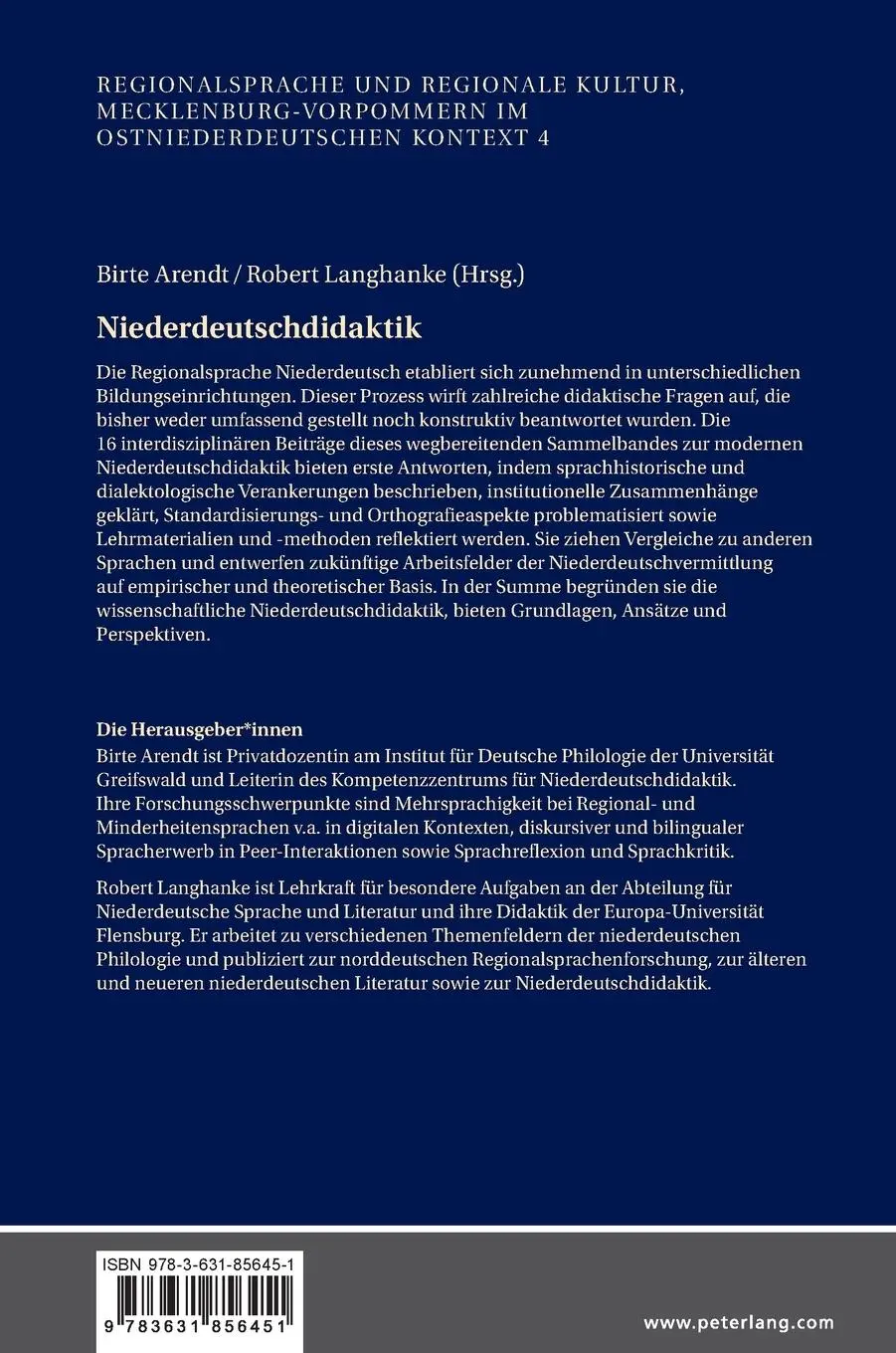 Rückseite: 9783631856451 | Niederdeutschdidaktik | Birte Arendt (u. a.) | Buch | Deutsch | 2022
