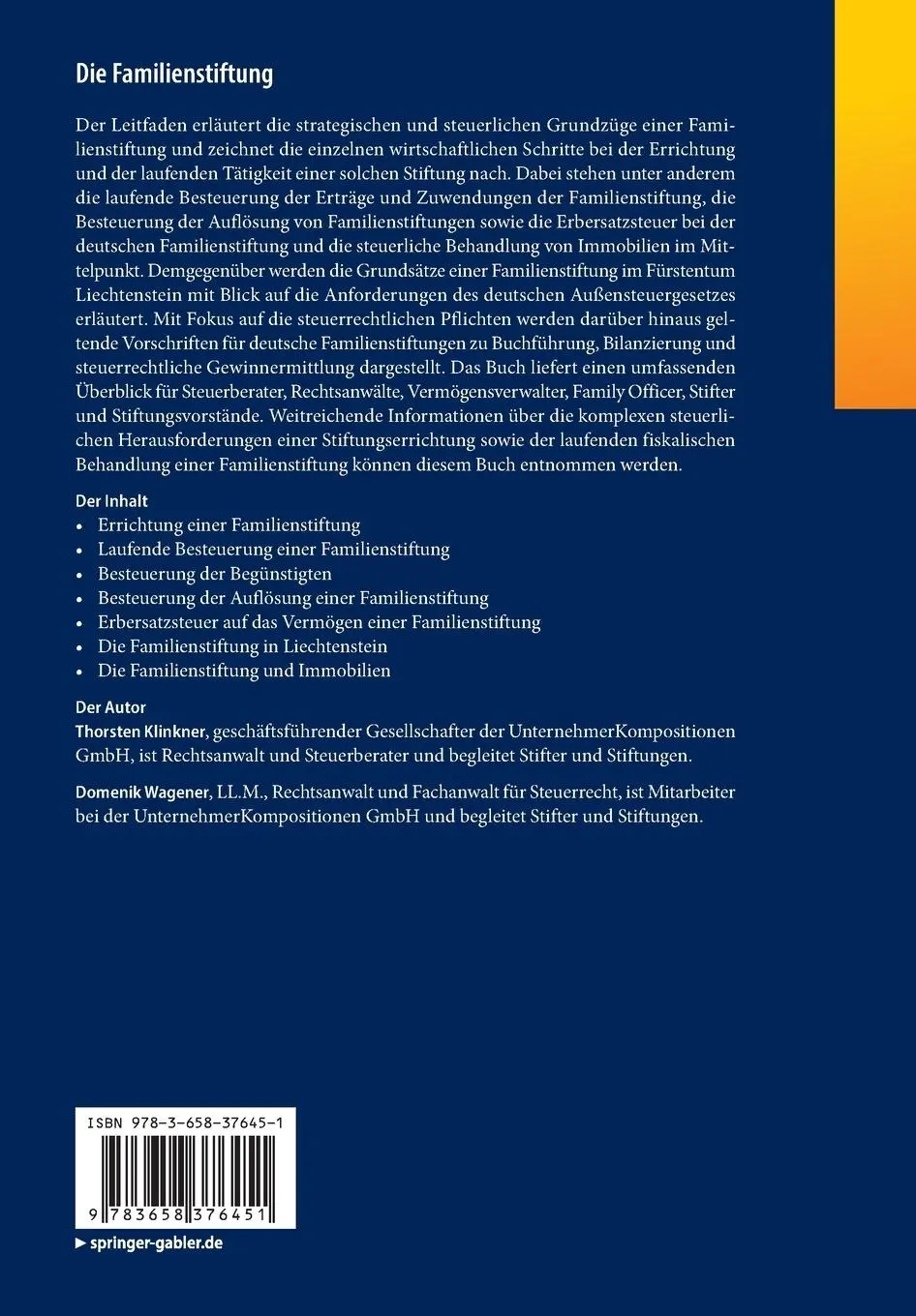 Rückseite: 9783658376451 | Die Familienstiftung | Ein steuerlicher Praxisleitfaden | Taschenbuch