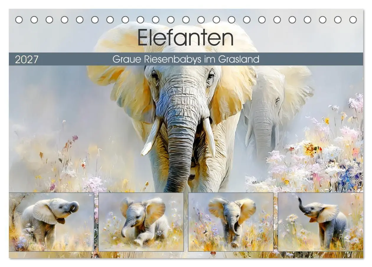 Cover: 9783516796551 | Elefanten. Graue Riesenbabys im Grasland (Tischkalender 2027 DIN A5...