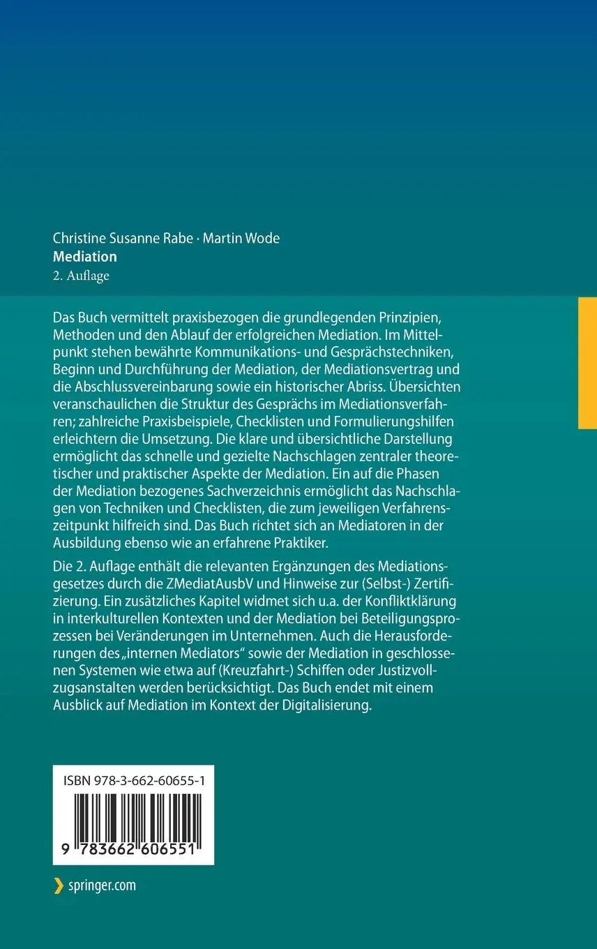 Rückseite: 9783662606551 | Mediation | Grundlagen, Methoden, rechtlicher Rahmen | Wode (u. a.)