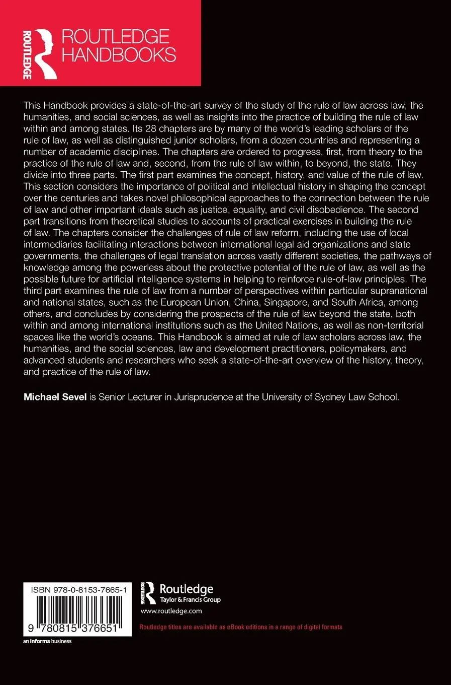Rückseite: 9780815376651 | Routledge Handbook of the Rule of Law | Michael Sevel | Buch | 2024