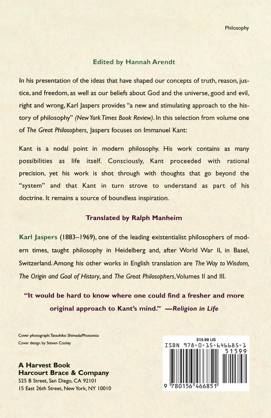 Rückseite: 9780156466851 | Kant | From the Great Philosophers, Volume 1 | Karl Jaspers (u. a.)