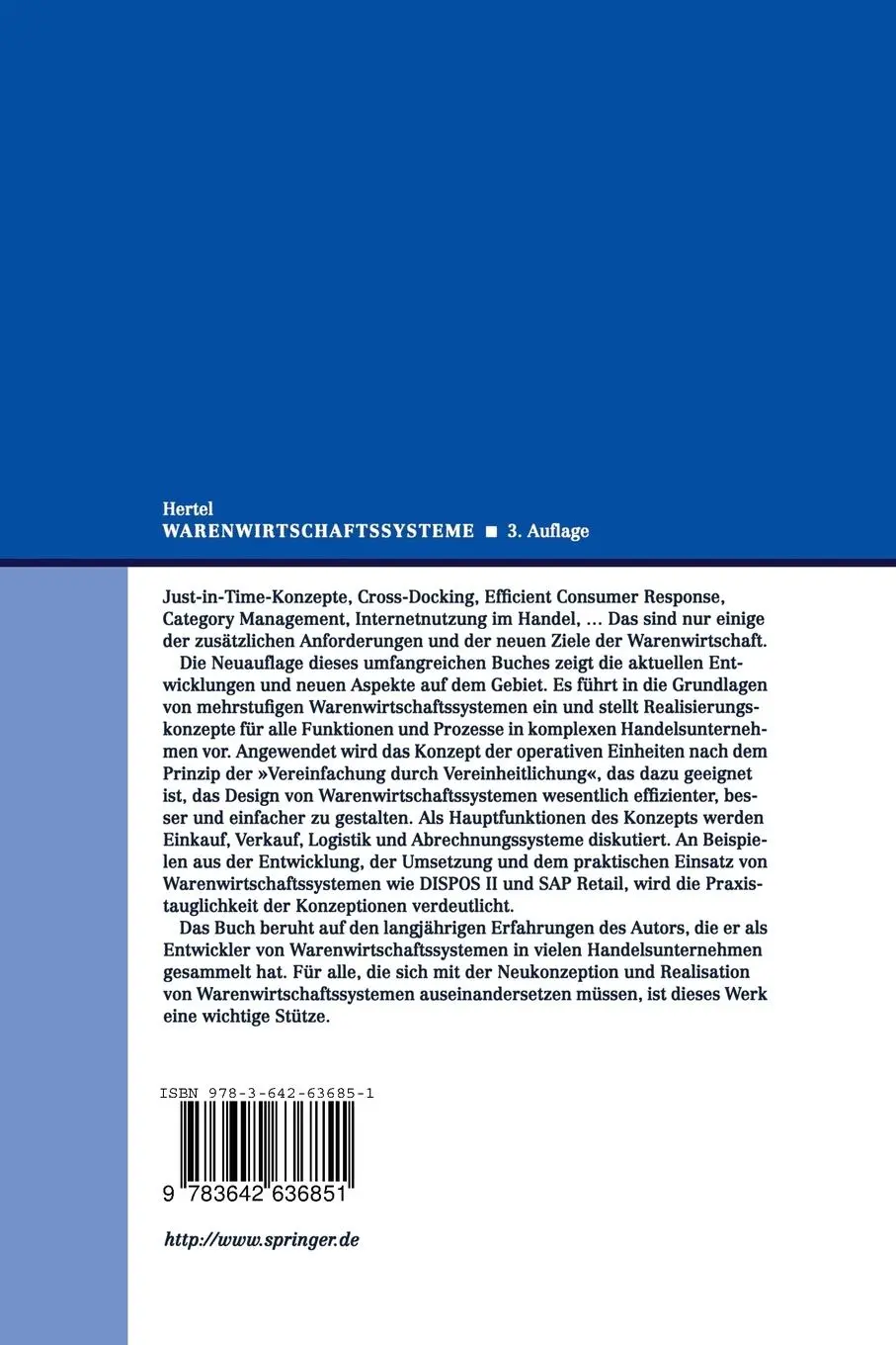 Rückseite: 9783642636851 | Warenwirtschaftssysteme | Grundlagen und Konzepte | Joachim Hertel