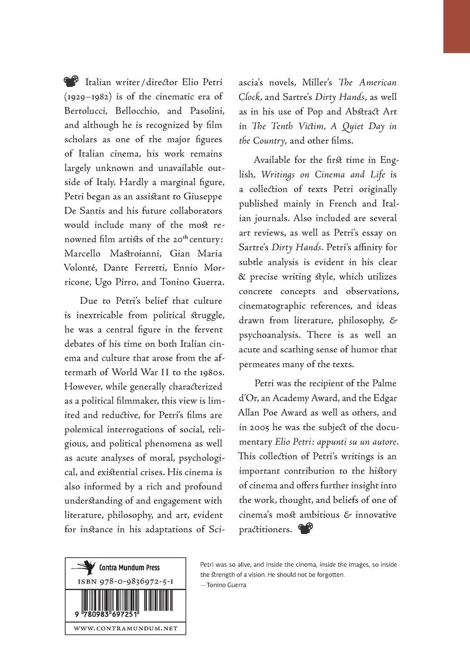 Rückseite: 9780983697251 | Writings on Cinema and Life | Elio Petri | Taschenbuch | Englisch