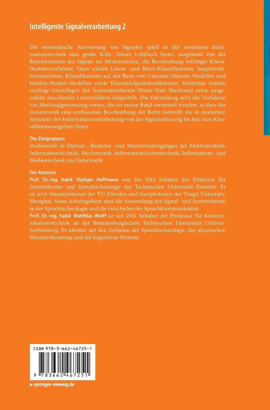 Rückseite: 9783662467251 | Intelligente Signalverarbeitung 2 | Signalerkennung | Wolff (u. a.)