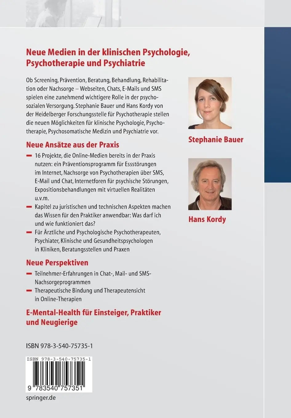 Rückseite: 9783540757351 | E-Mental-Health | Neue Medien in der psychosozialen Versorgung | Buch
