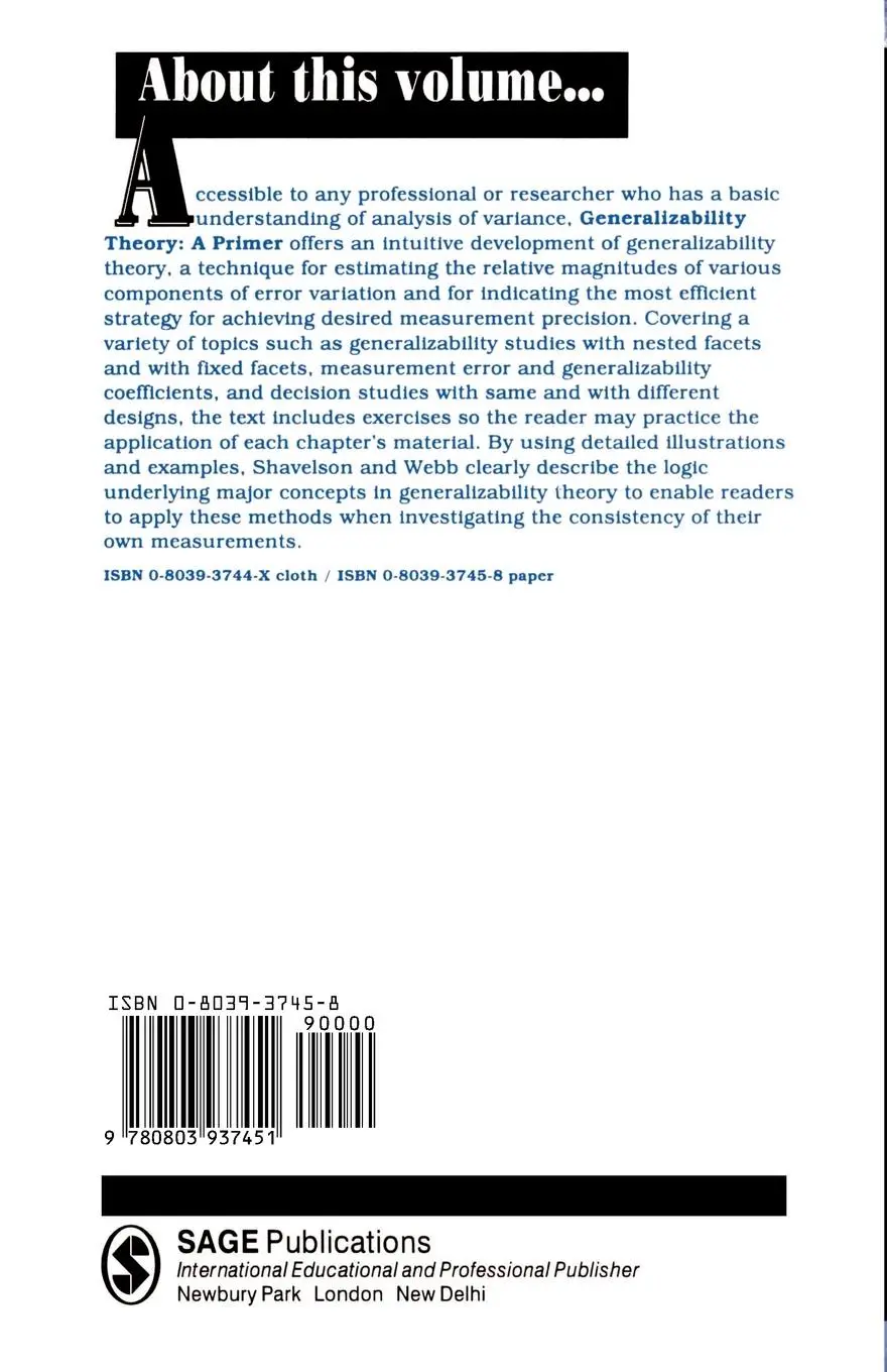 Rückseite: 9780803937451 | Generalizability Theory | A Primer | Richard J. Shavelson (u. a.)