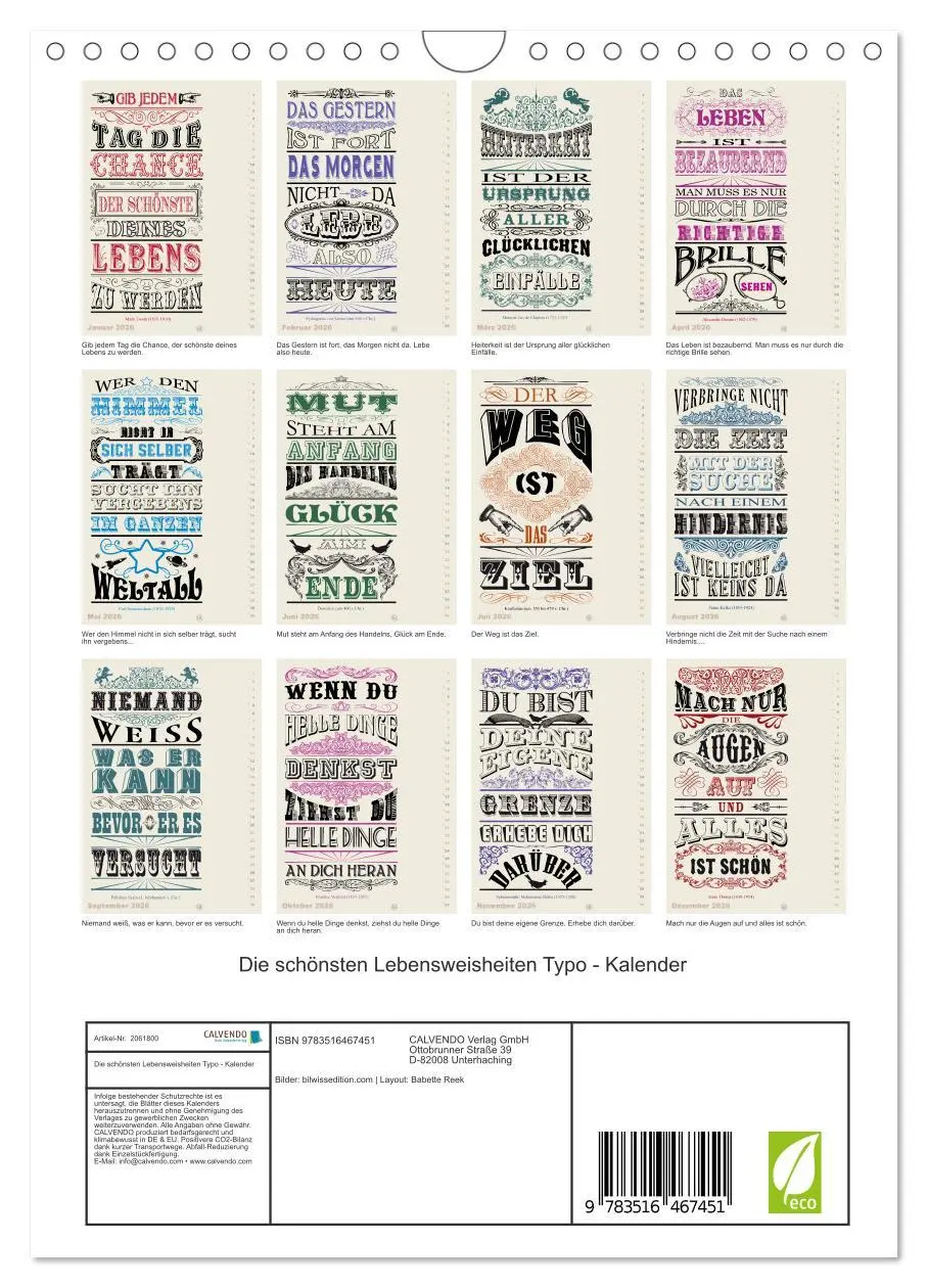 Bild: 9783516467451 | Die schönsten Lebensweisheiten Typo - Kalender (Wandkalender 2026...