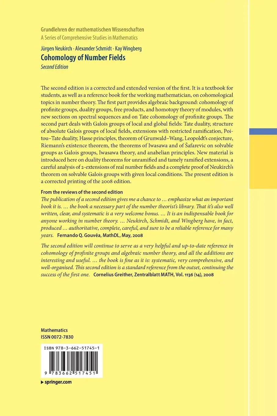 Rückseite: 9783662517451 | Cohomology of Number Fields | Jürgen Neukirch (u. a.) | Taschenbuch