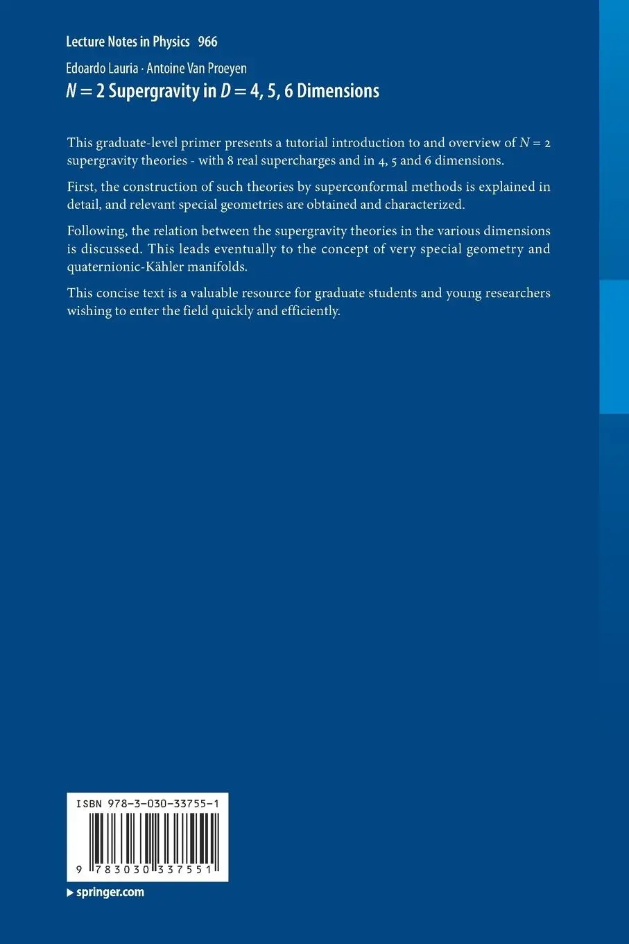 Rückseite: 9783030337551 | N = 2 Supergravity in D = 4, 5, 6 Dimensions | Proeyen (u. a.) | Buch