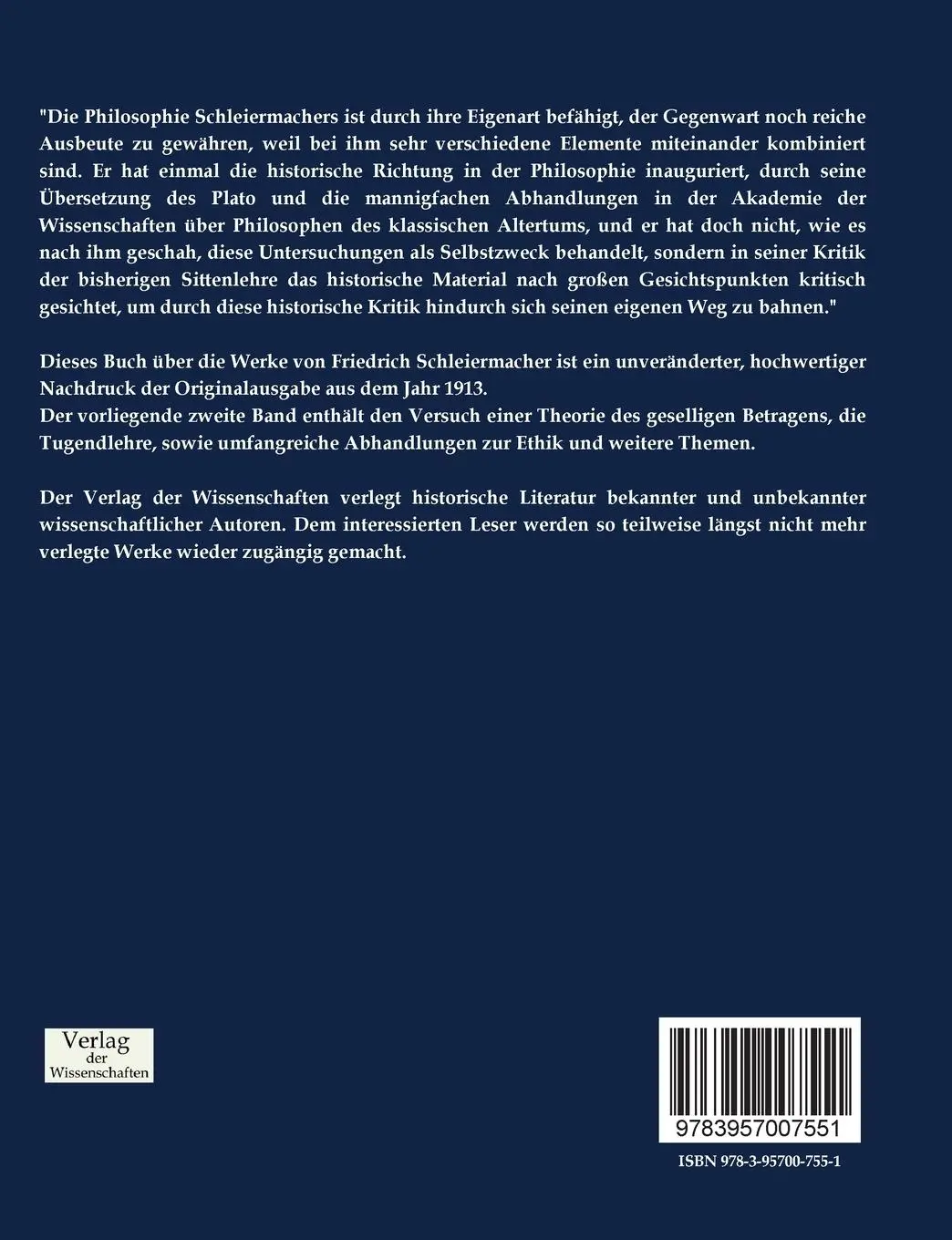 Rückseite: 9783957007551 | Schleiermachers Werke | Zweiter Band | Friedrich Schleiermacher | Buch