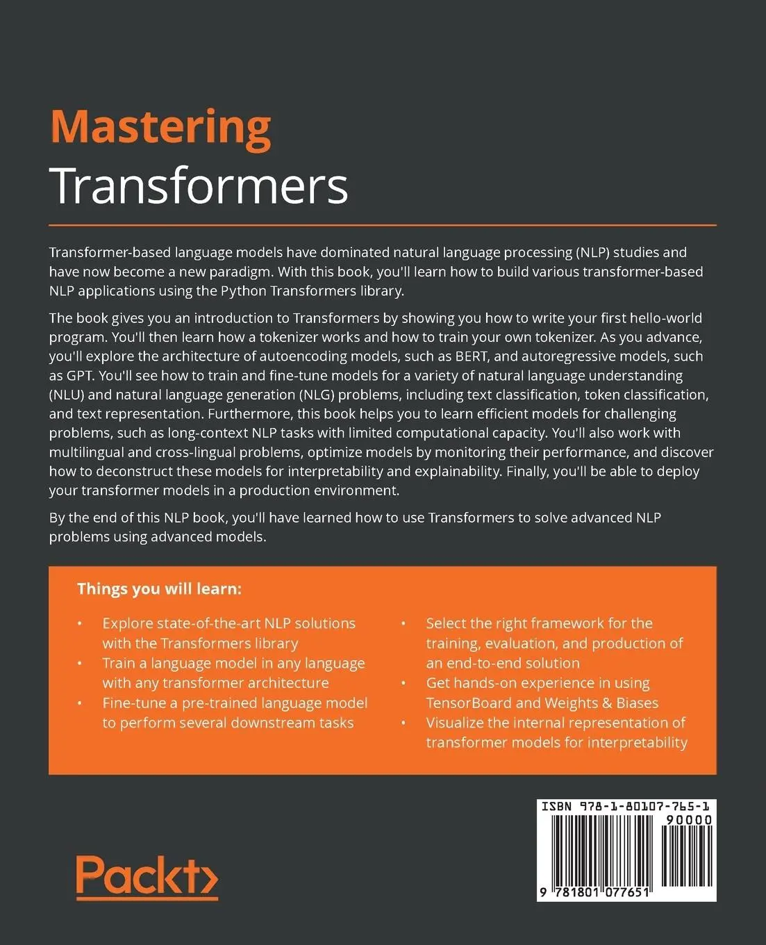 Rückseite: 9781801077651 | Mastering Transformers | Sava¿ Y¿ld¿r¿m (u. a.) | Taschenbuch | 2021