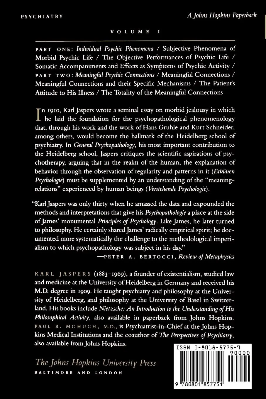Rückseite: 9780801857751 | General Psychopathology | Karl Jaspers | Taschenbuch | Englisch | 1997