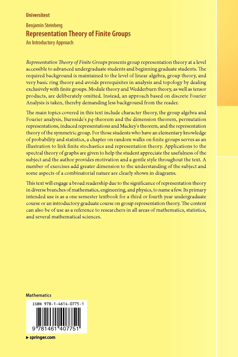 Rückseite: 9781461407751 | Representation Theory of Finite Groups | An Introductory Approach