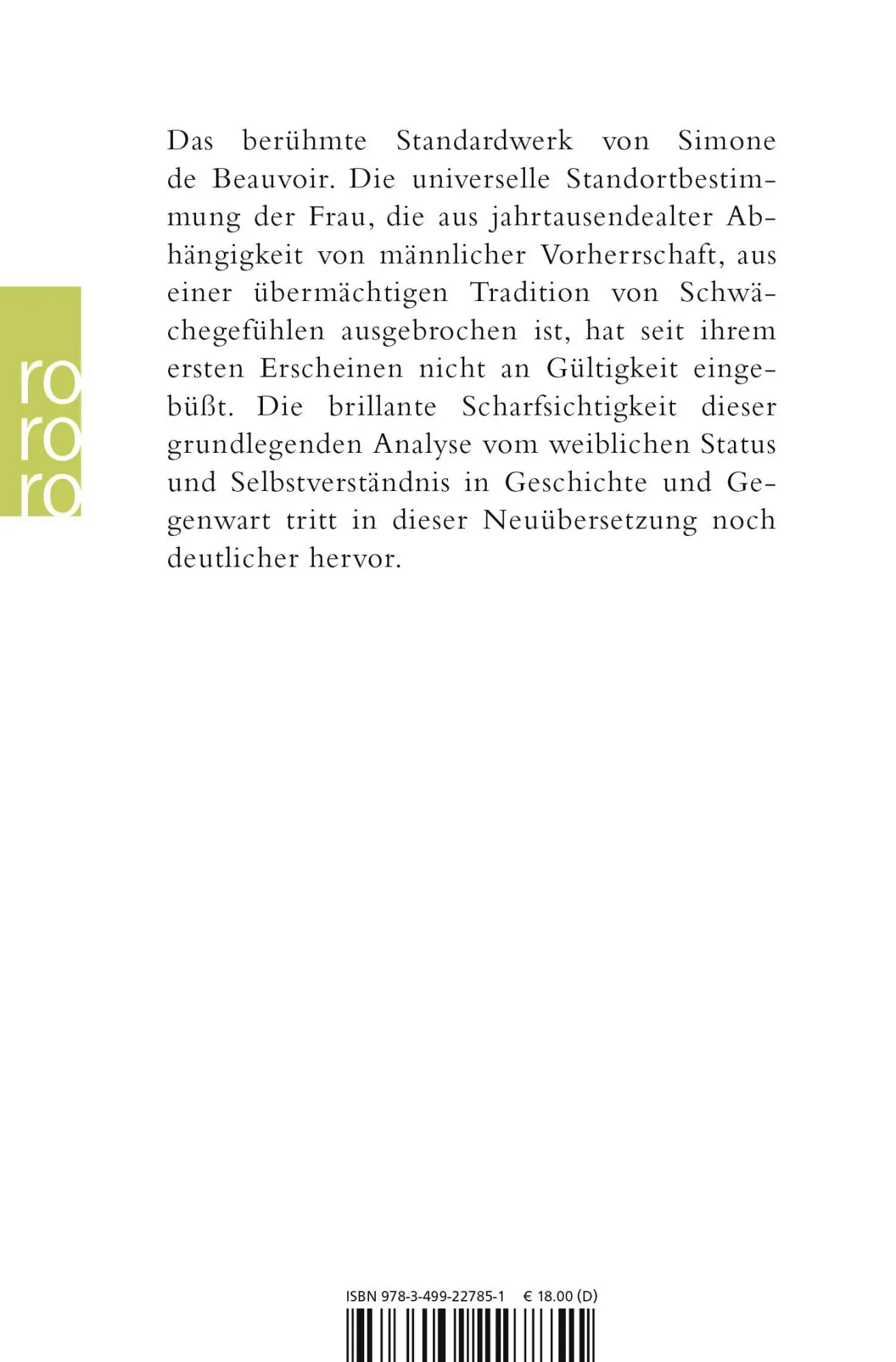 Rückseite: 9783499227851 | Das andere Geschlecht | Sitte und Sexus der Frau | Simone de Beauvoir