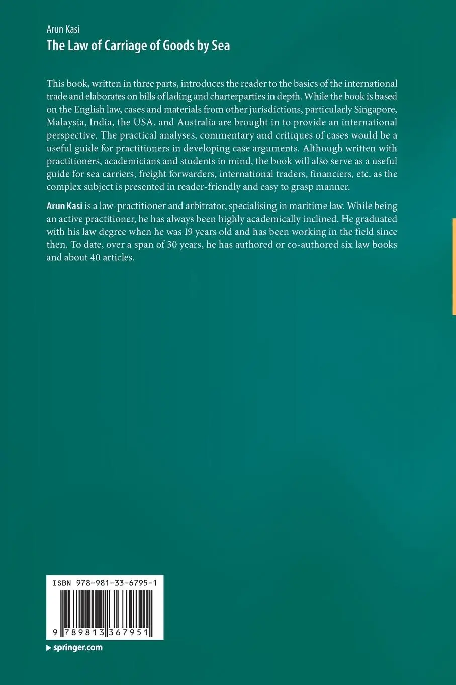 Rückseite: 9789813367951 | The Law of Carriage of Goods by Sea | Arun Kasi | Taschenbuch | 2022