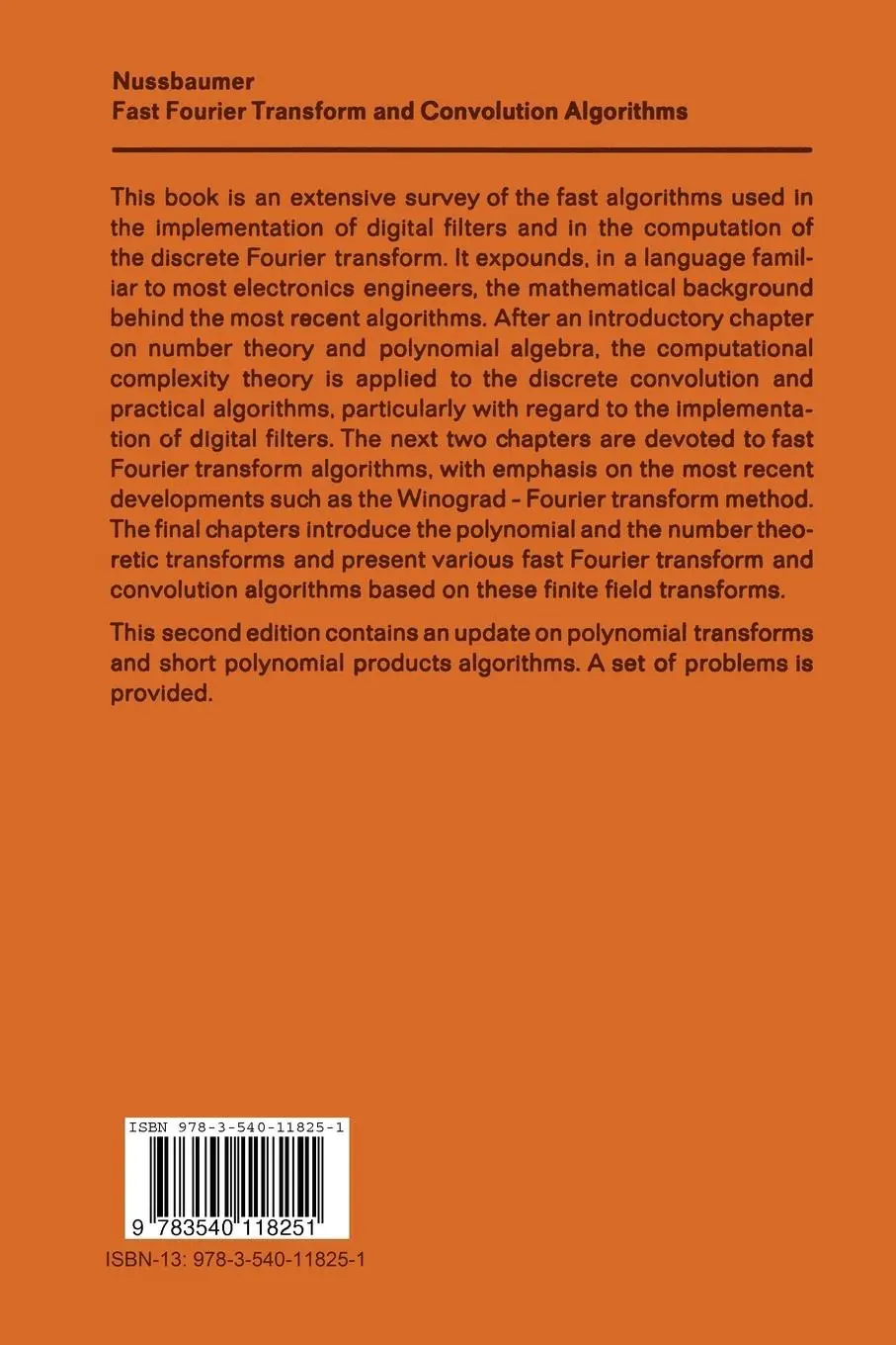 Rückseite: 9783540118251 | Fast Fourier Transform and Convolution Algorithms | Nussbaumer | Buch