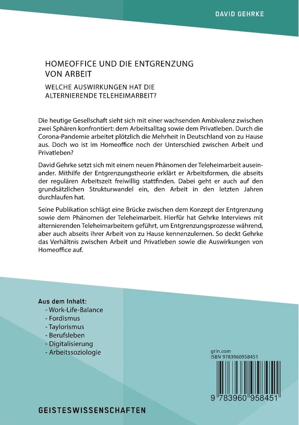 Rückseite: 9783960958451 | Homeoffice und die Entgrenzung von Arbeit. Welche Auswirkungen hat...