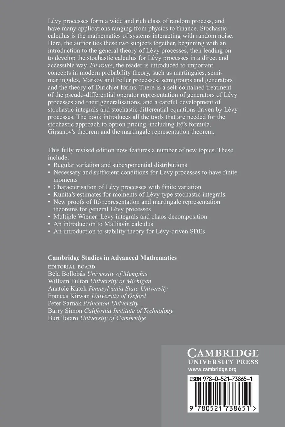 Rückseite: 9780521738651 | Levy Processes and Stochastic Calculus | David Applebaum | Taschenbuch