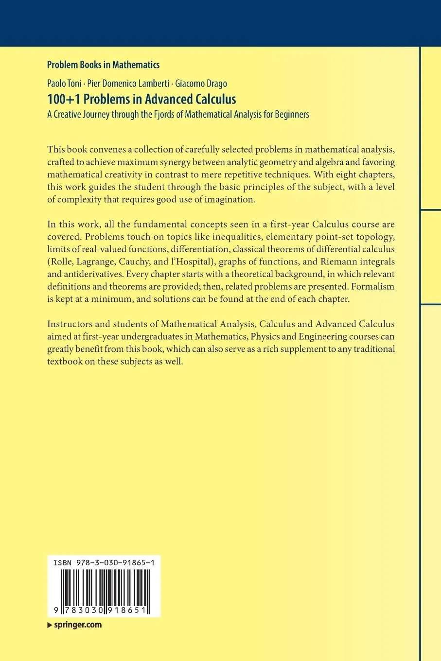 Rückseite: 9783030918651 | 100+1 Problems in Advanced Calculus | Paolo Toni (u. a.) | Taschenbuch