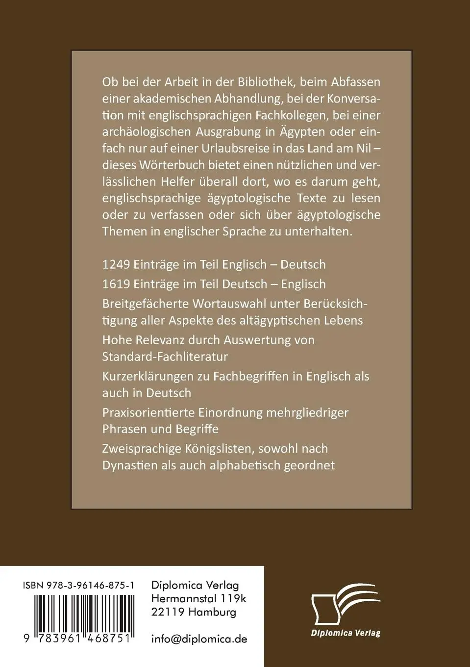 Rückseite: 9783961468751 | Wörterbuch Ägyptologie. Englisch ¿ Deutsch, Deutsch ¿ Englisch | Höfer