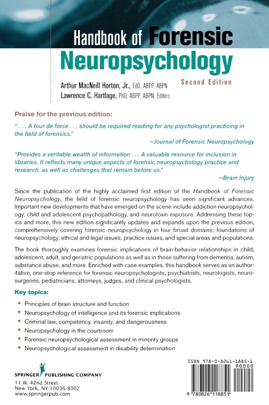 Rückseite: 9780826118851 | Handbook of Forensic Neuropsychology | Horton (u. a.) | Buch | 2010