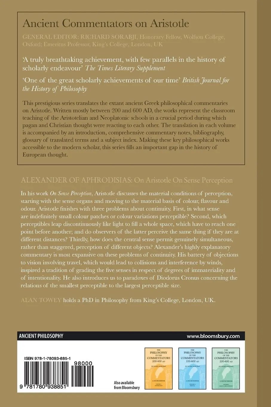 Rückseite: 9781780938851 | Alexander of Aphrodisias | On Aristotle on Sense Perception | A. Towey