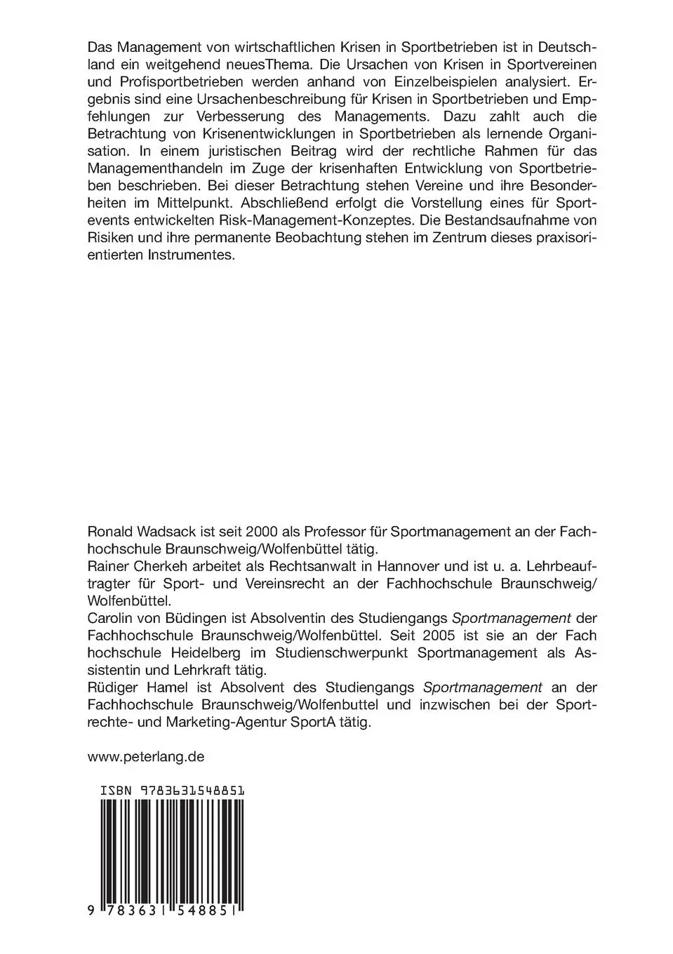 Rückseite: 9783631548851 | Krisenmanagement in Sportbetrieben | Ronald Wadsack (u. a.) | Buch