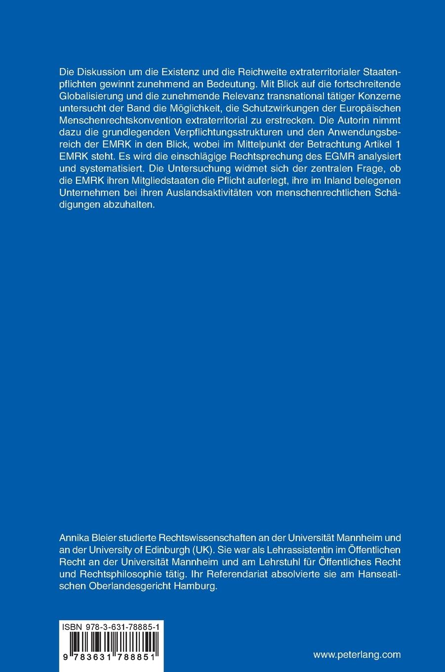 Rückseite: 9783631788851 | Die extraterritoriale Anwendbarkeit der EMRK | Annika Bleier | Buch