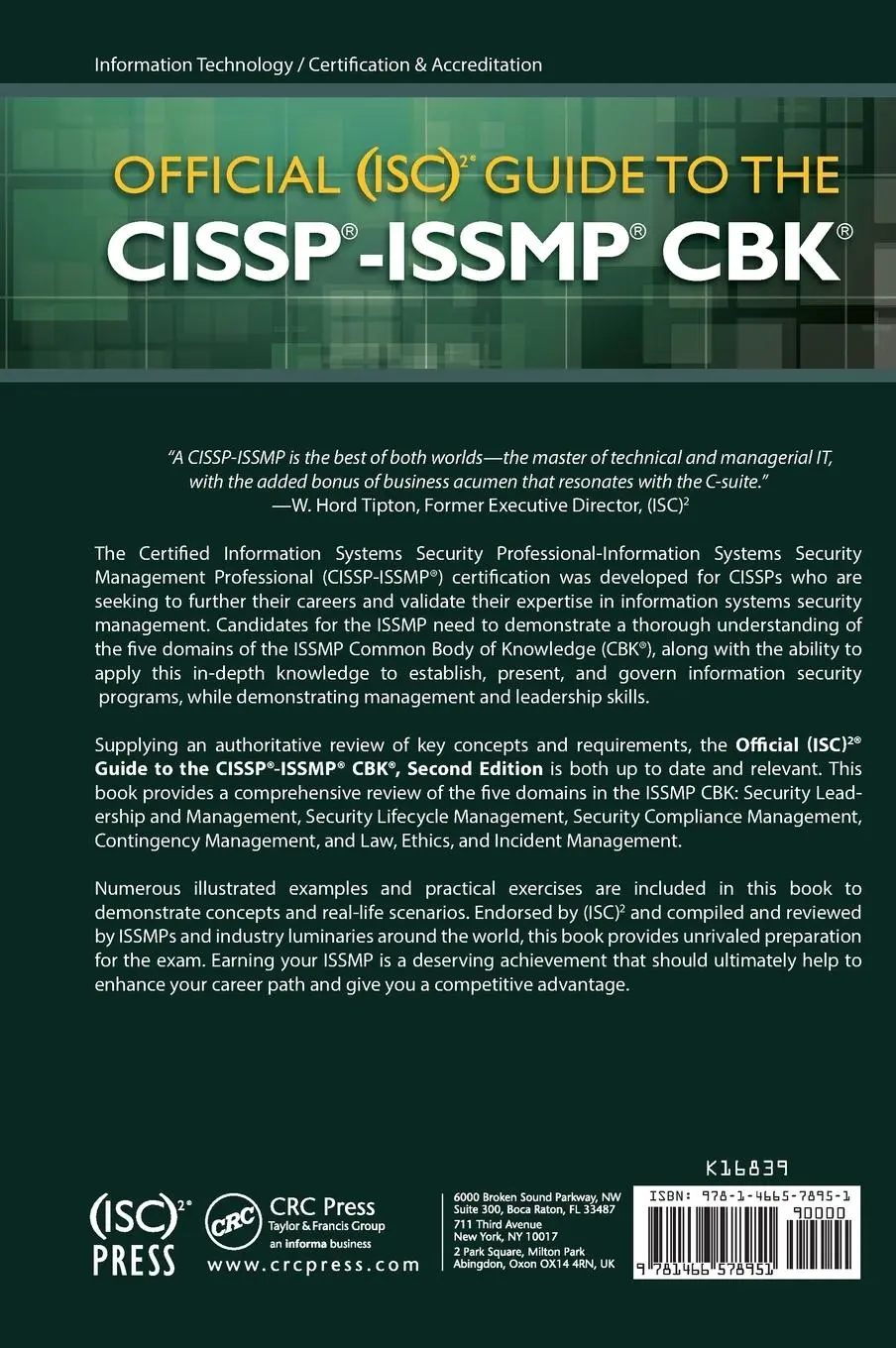 Rückseite: 9781466578951 | Official (ISC)2 Guide to the CISSP-ISSMP CBK | Joseph Steinberg | Buch