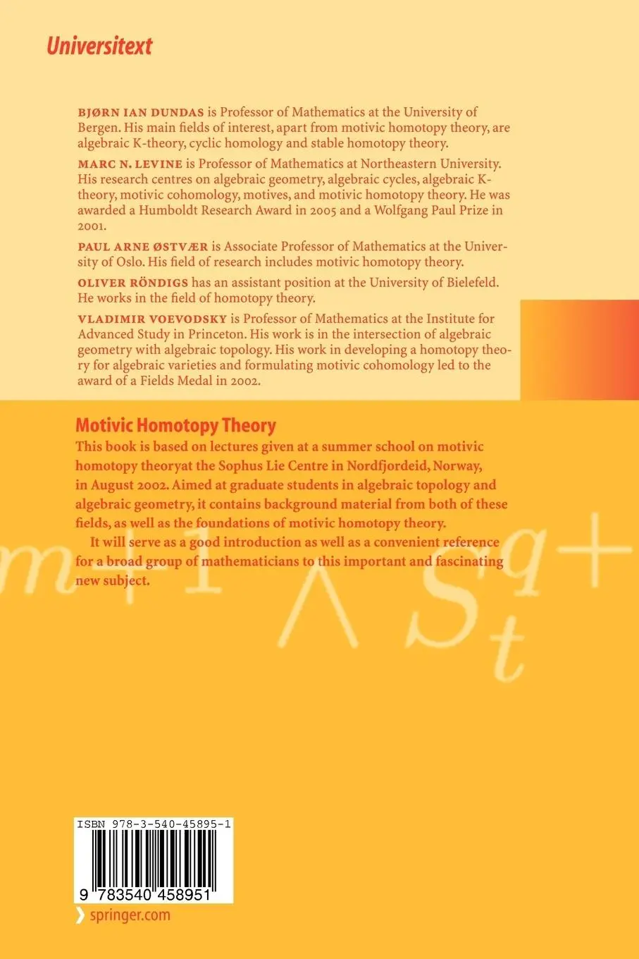 Rückseite: 9783540458951 | Motivic Homotopy Theory | Bjorn Ian Dundas (u. a.) | Taschenbuch | x