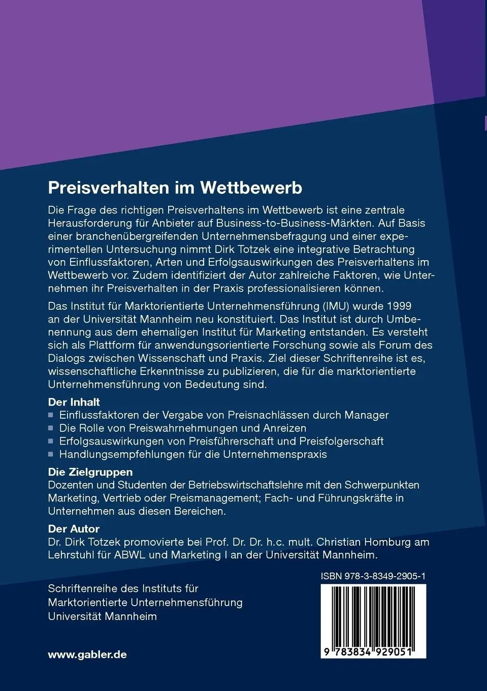 Rückseite: 9783834929051 | Preisverhalten im Wettbewerb | Dirk Totzek | Taschenbuch | xvi | 2011