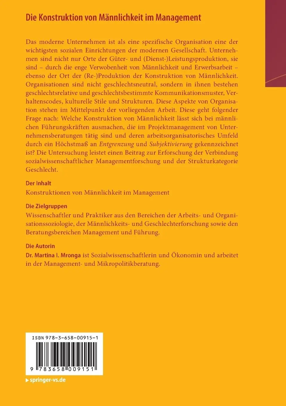 Rückseite: 9783658009151 | Die Konstruktion von Männlichkeit im Management | Martina I. Mronga