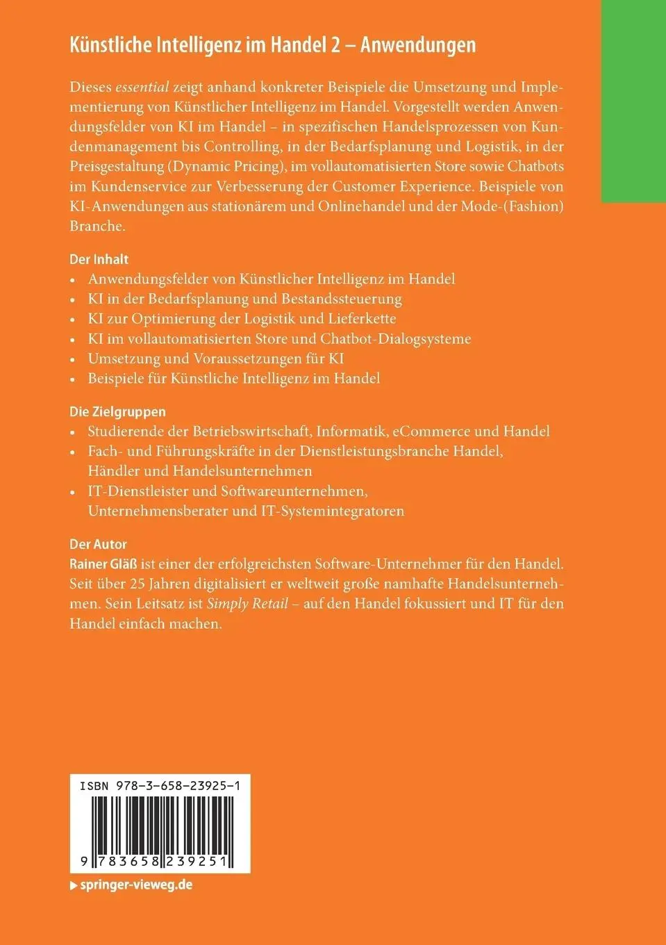Rückseite: 9783658239251 | Künstliche Intelligenz im Handel 2 - Anwendungen | Rainer Gläß | Buch