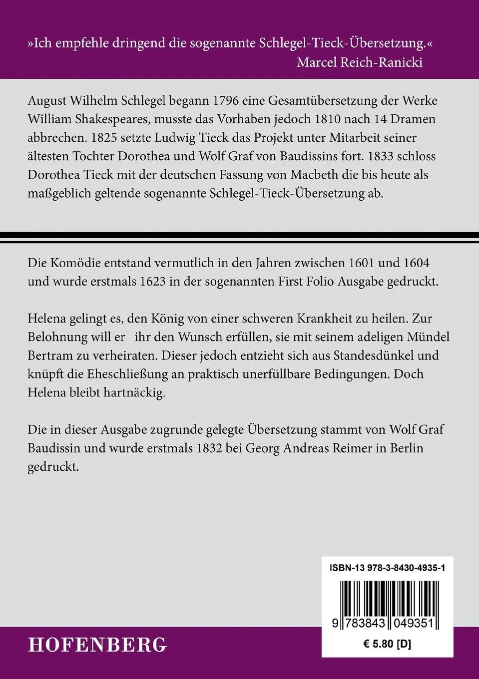 Rückseite: 9783843049351 | Ende gut, alles gut | William Shakespeare | Taschenbuch | Paperback