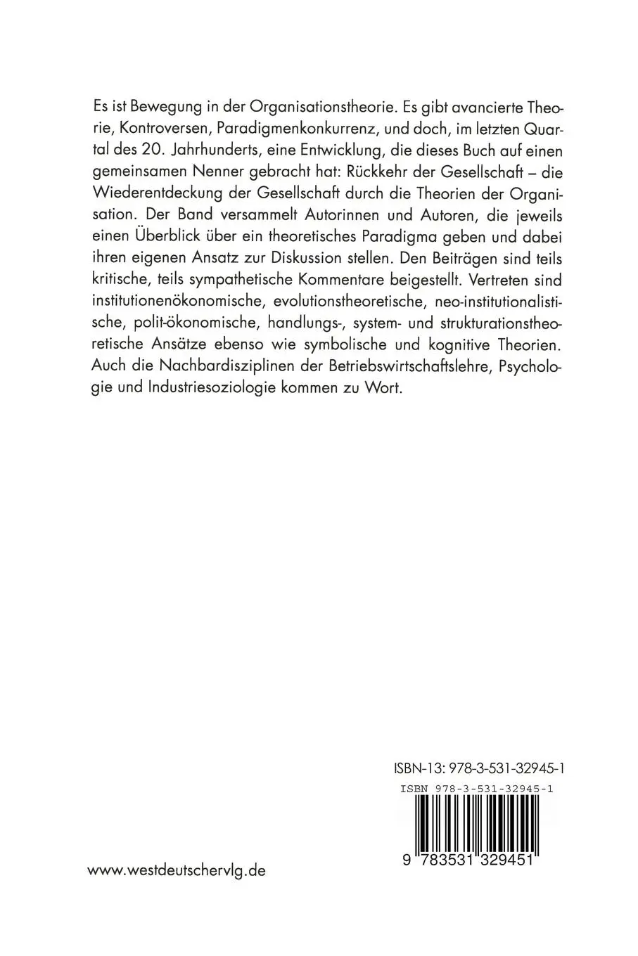 Rückseite: 9783531329451 | Theorien der Organisation | Die Rückkehr der Gesellschaft | Buch