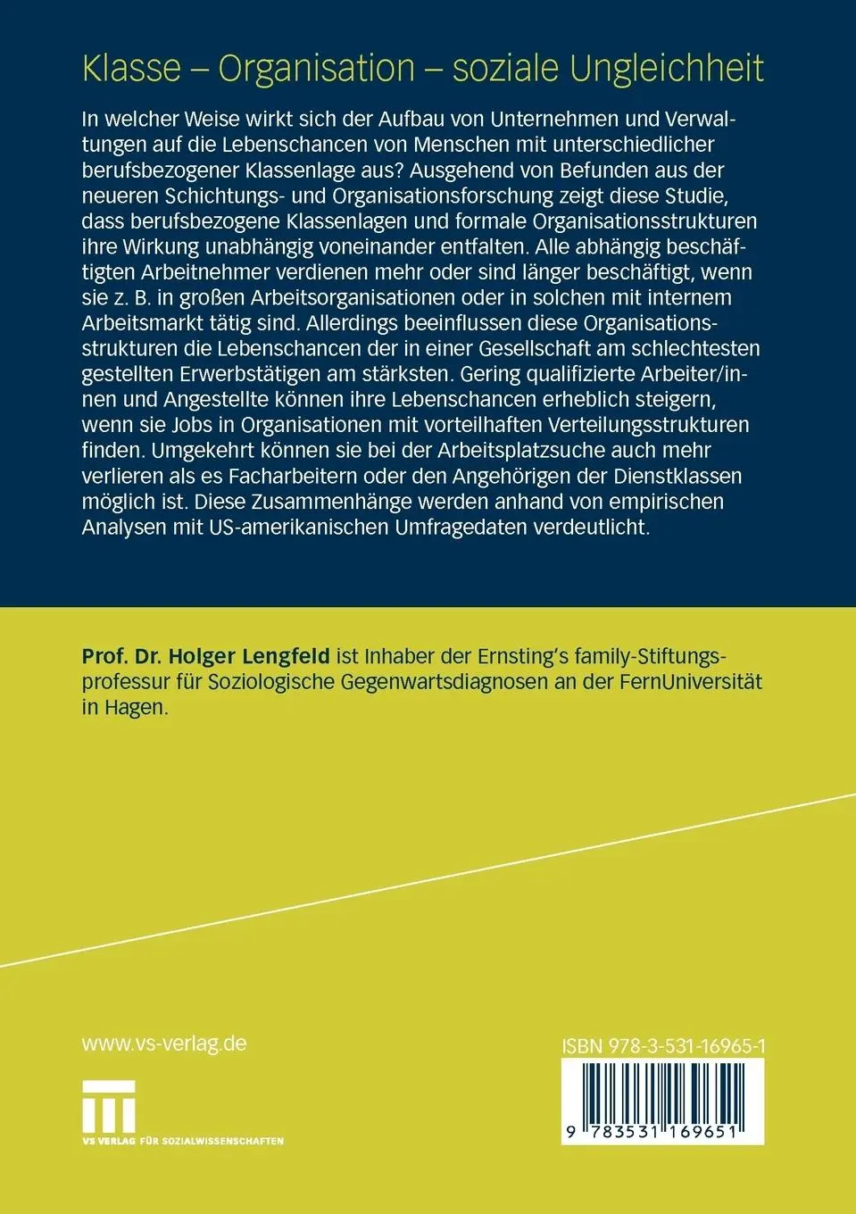 Rückseite: 9783531169651 | Klasse - Organisation - soziale Ungleichheit | Holger Lengfeld | Buch