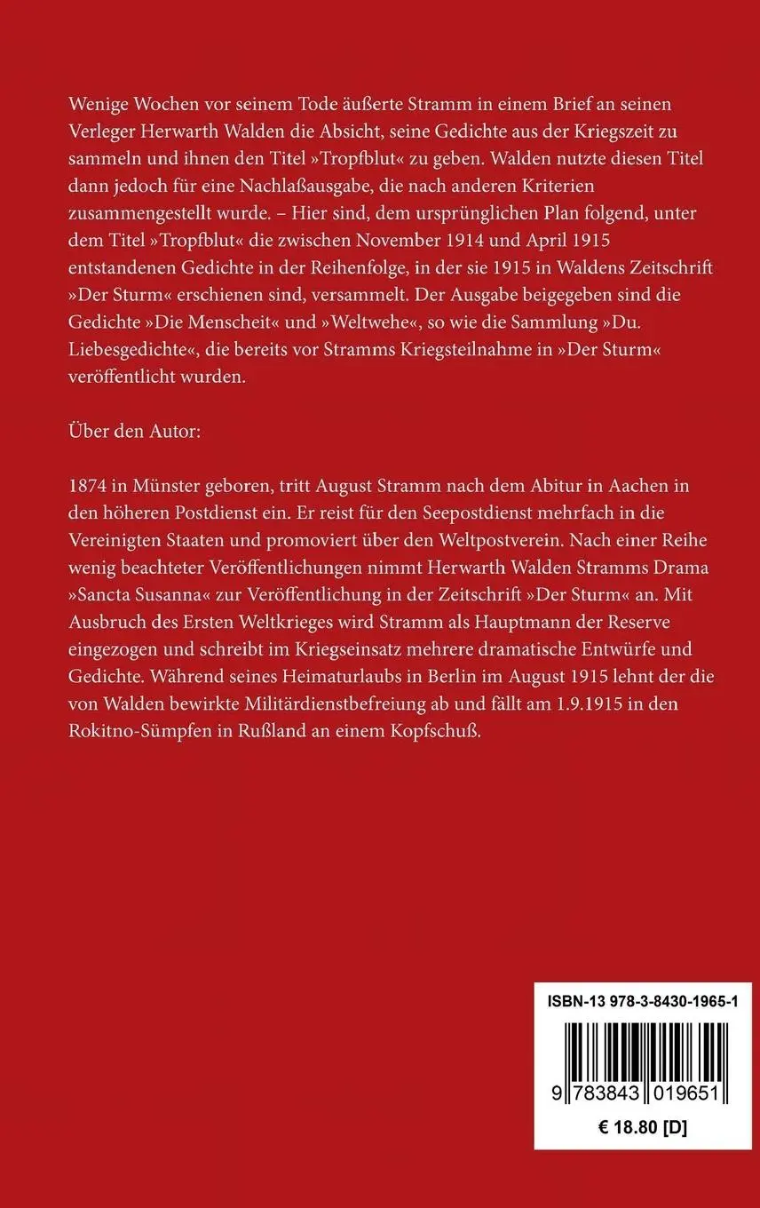 Rückseite: 9783843019651 | Tropfblut | Gedichte aus dem Krieg | August Stramm | Buch | 56 S.