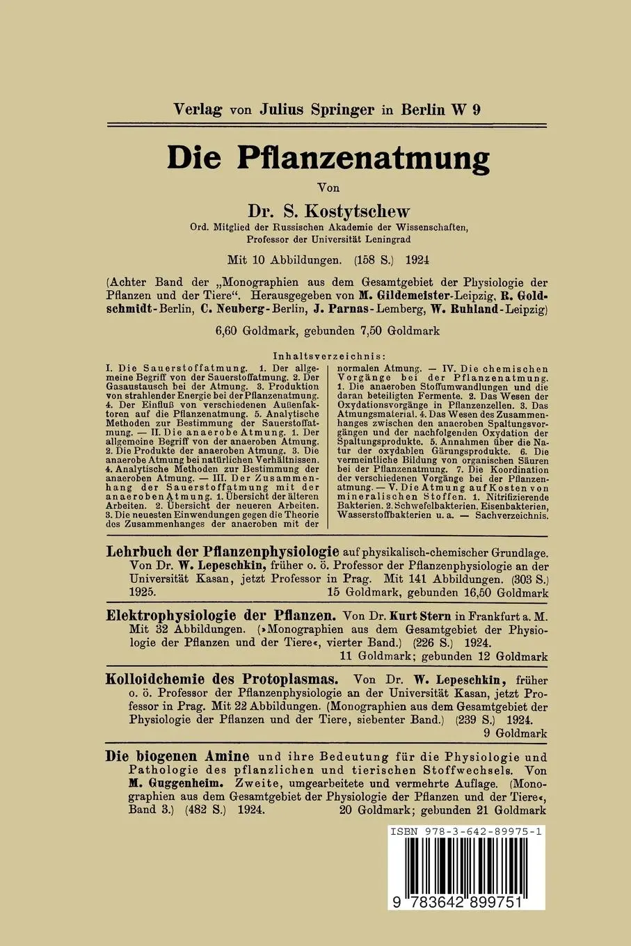 Rückseite: 9783642899751 | Lehrbuch der Pflanzenphysiologie | Erster Band Chemische Physiologie