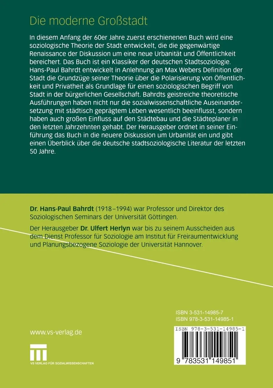 Rückseite: 9783531149851 | Die moderne Großstadt | Soziologische Überlegungen zum Städtebau