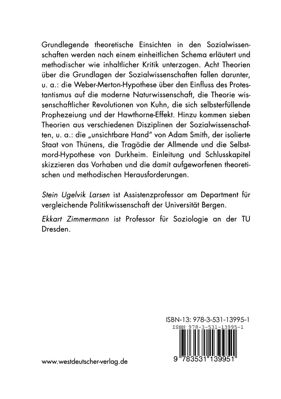 Rückseite: 9783531139951 | Theorien und Methoden in den Sozialwissenschaften | Zimmermann (u. a.)