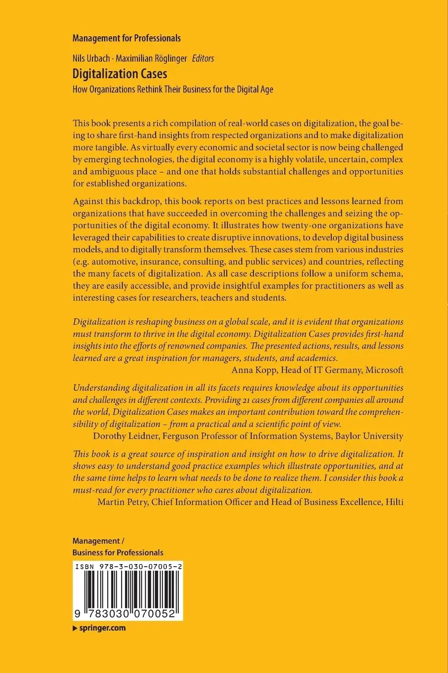 Rückseite: 9783030070052 | Digitalization Cases | Maximilian Röglinger (u. a.) | Taschenbuch