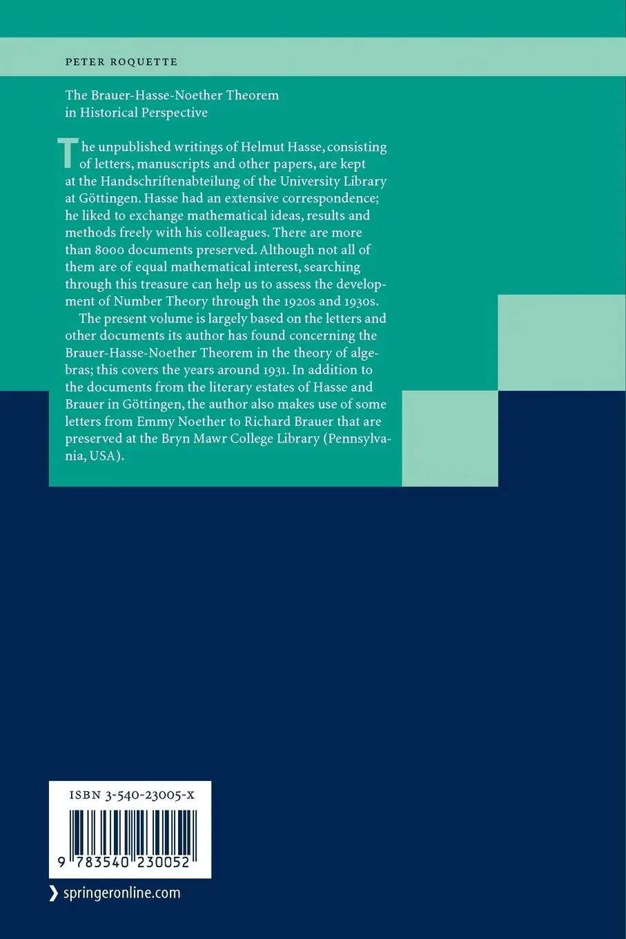 Rückseite: 9783540230052 | The Brauer-Hasse-Noether Theorem in Historical Perspective | Roquette